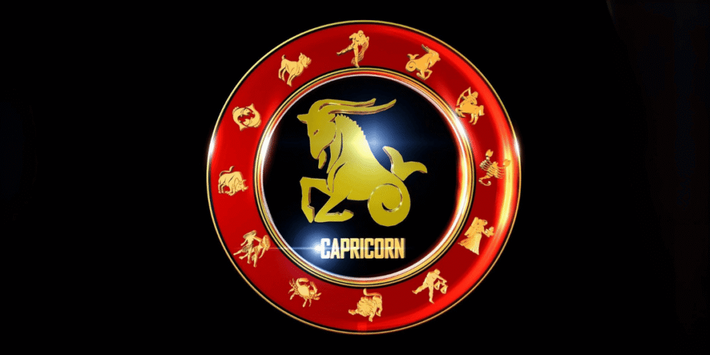 Capricorn Horoscope 2026 golden goat zodiac sign on red circular astrology wheel black background