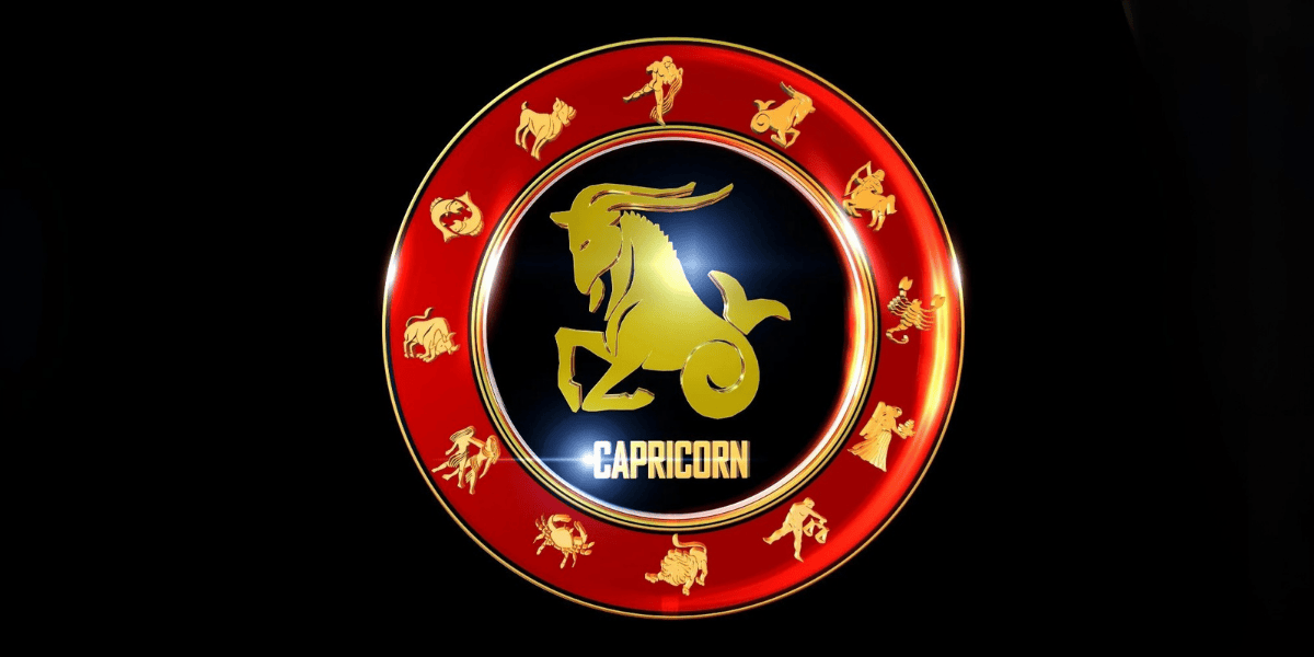 Capricorn Horoscope 2026 golden goat zodiac sign on red circular astrology wheel black background