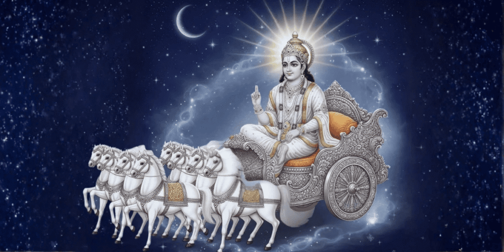Chandra Dev riding celestial chariot with white horses under moonlight, symbol of calm and mind power