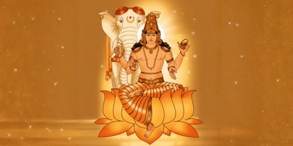 Guru dev depicted as divine deity seated on lotus with elephant behind in golden glowing background