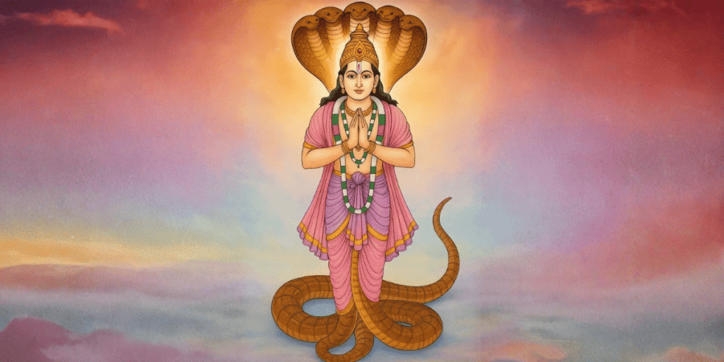 Ketu dev ki kahani showing serpent-bodied deity with folded hands and multi-headed cobra hood backdrop