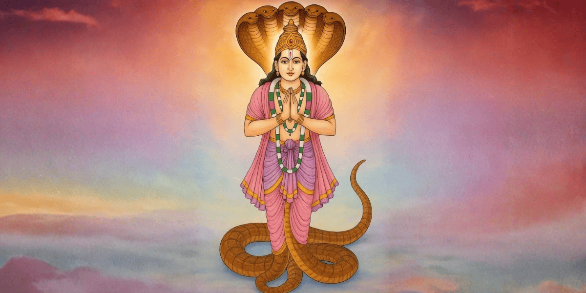 Ketu dev ki kahani showing serpent bodied deity with folded hands and multi headed cobra hood backdrop