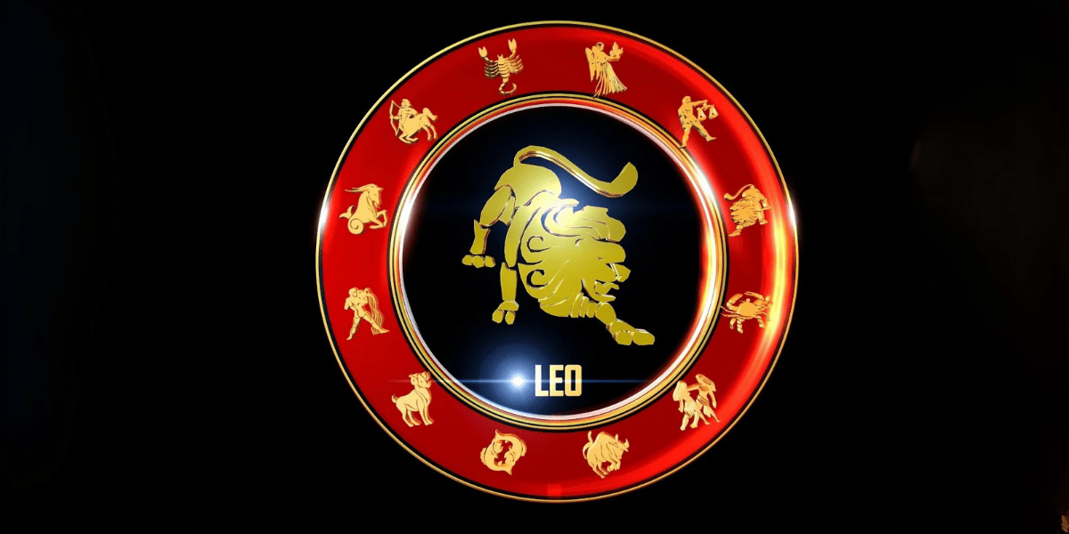 Leo Horoscope 2026 golden lion zodiac sign on red circular astrology emblem background design