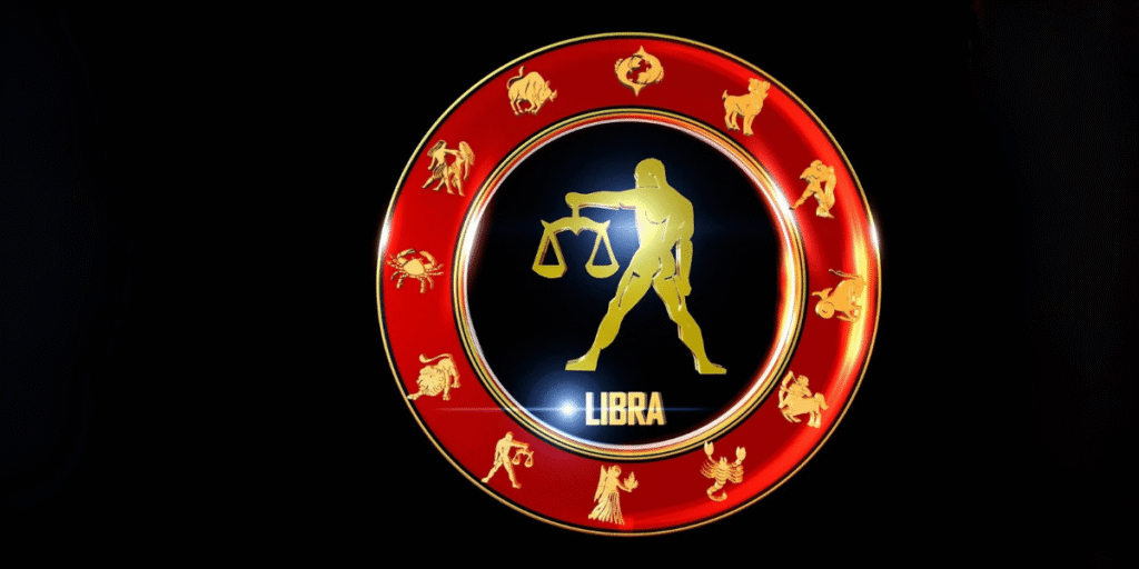 Libra Horoscope 2026 zodiac sign symbol with golden scales figure in red circular emblem design