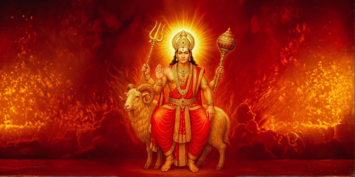 Mangal Dev Ki Kahani Lord Mangal Dev seated with trident and mace glowing divine red aura warmglow