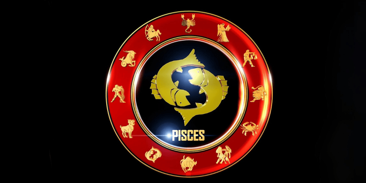 Pisces Horoscope 2026 zodiac sign symbol with golden fish in red circular emblem design
