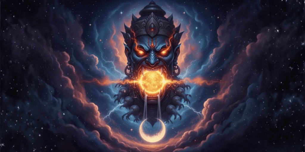 Rahu ki Mahadasha: A Fierce demonic face with glowing eyes breathing fire, surrounded by dark cosmic clouds and energy