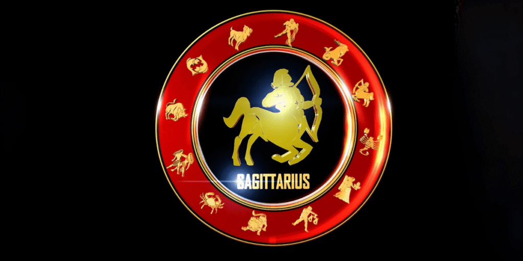 Sagittarius Horoscope 2026 zodiac sign symbol with golden archer in red circle design
