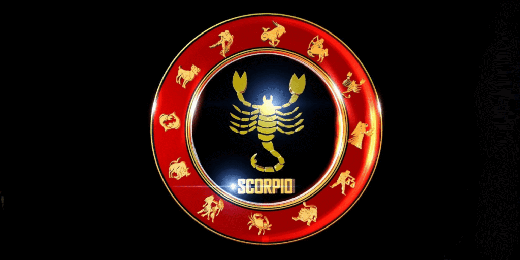 Scorpio Horoscope 2026 zodiac sign symbol with golden scorpion in red circular emblem design