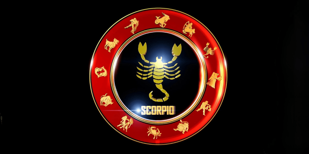 Scorpio Horoscope 2026 zodiac sign symbol with golden scorpion in red circular emblem design