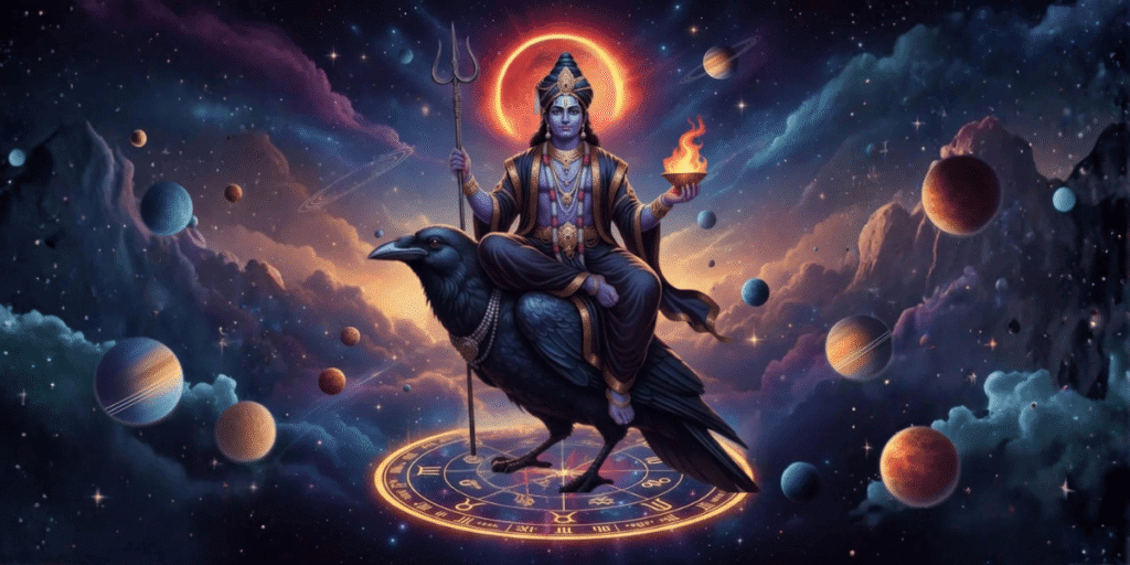 Shani Dev seated on crow holding trident in cosmic planetary scene