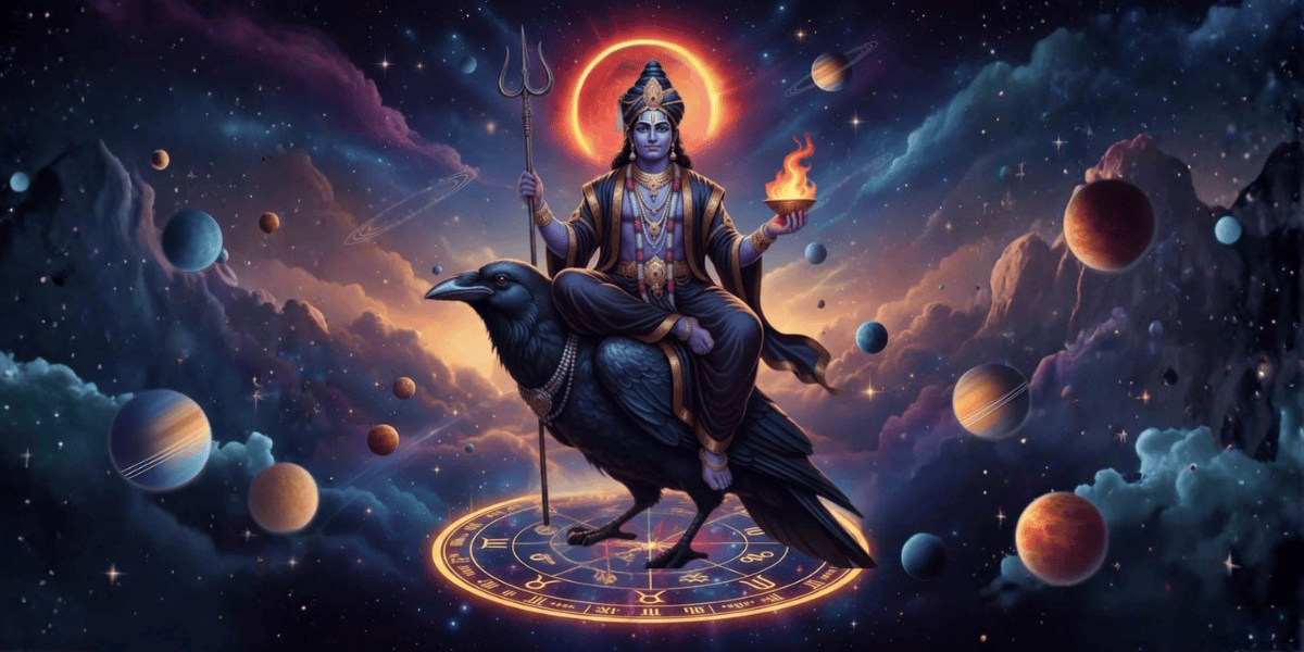 Shani Dev seated on crow holding trident in cosmic planetary scene