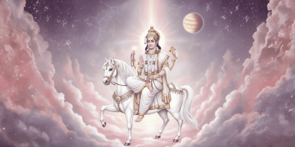Shukra Dev riding white horse in divine sky with glowing aura, symbol of Venus wisdom and peace