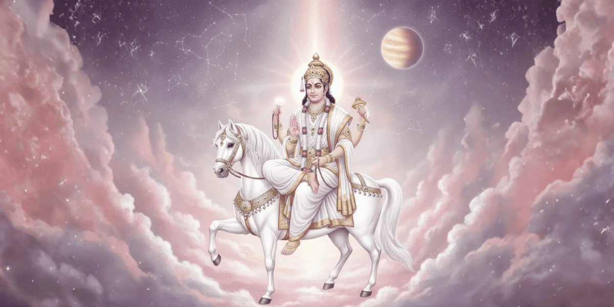 Shukra Dev riding white horse in divine sky with glowing aura, symbol of Venus wisdom and peace