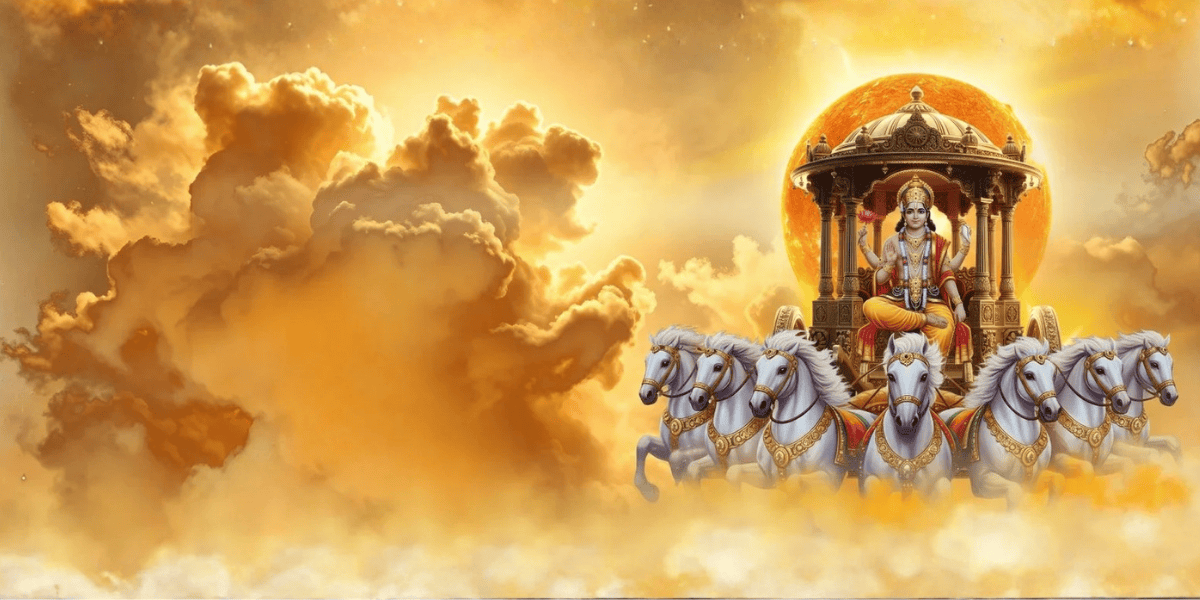Surya dev ki kahani showing Surya Dev riding chariot with seven horses in golden