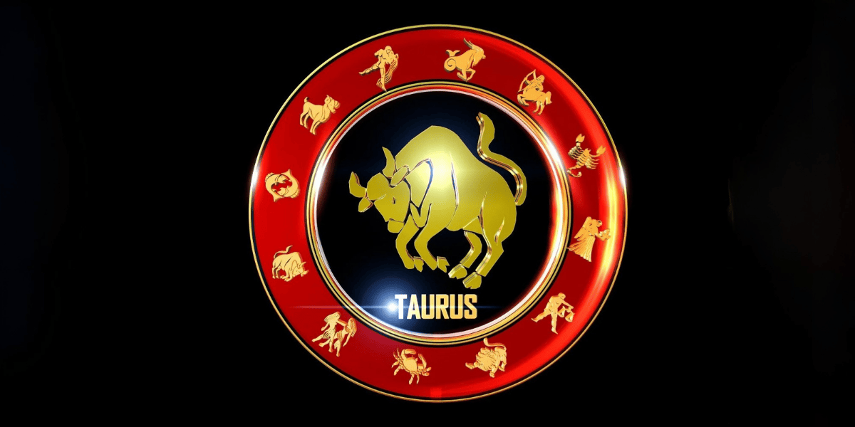 Taurus Horoscope 2026 golden bull zodiac sign on red circular astrology emblem background design art