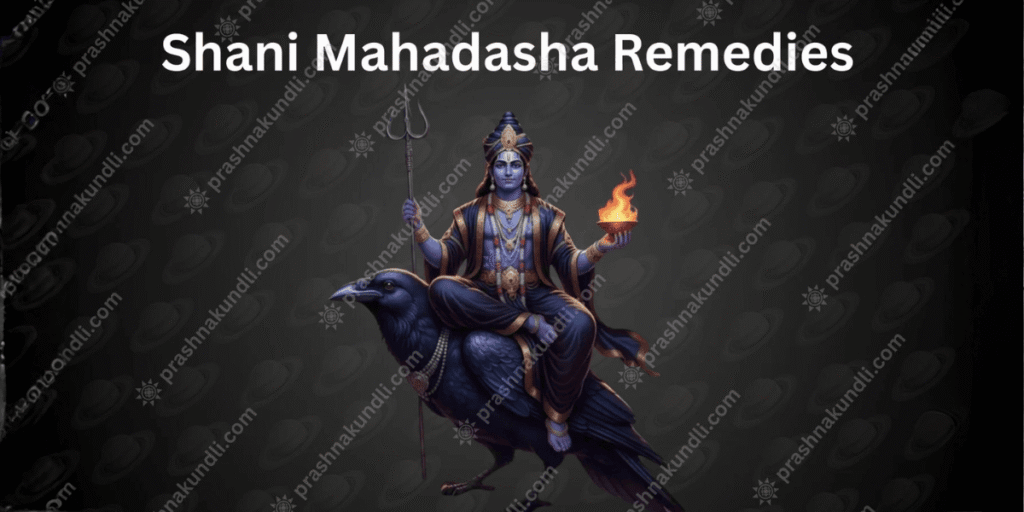 Shani Mahadasha Remedies showing Lord Shani seated on crow with trident and sacred fire in dark background