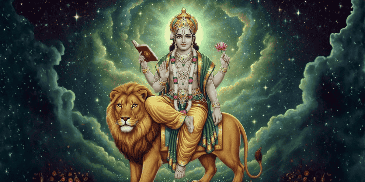 Budh Dev ka Vahan lion with divine form holding book and lotus in glowing cosmic background