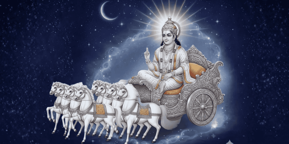 Chandra Dev ka Vahan with silver chariot and white horses in the night sky under bright moonlight sky
