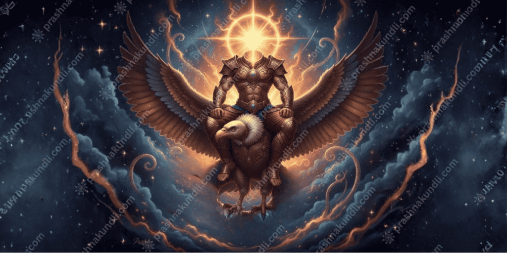 Ketu ka Vahan eagle with divine warrior form and radiant cosmic light in dark sky background