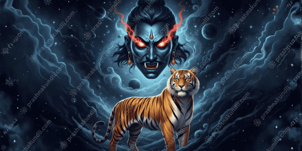 Rahu ka Vahan tiger with fierce cosmic form and glowing eyes in dark mystical sky