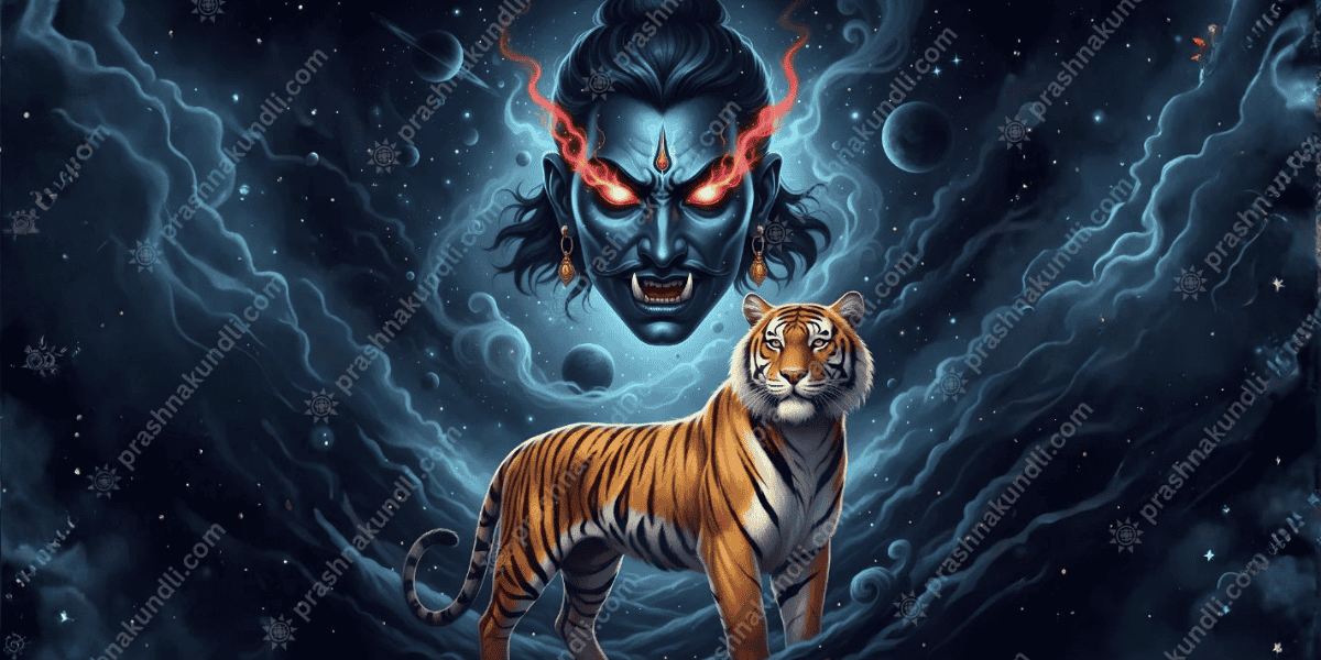 Rahu ka Vahan tiger with fierce cosmic form and glowing eyes in dark mystical sky