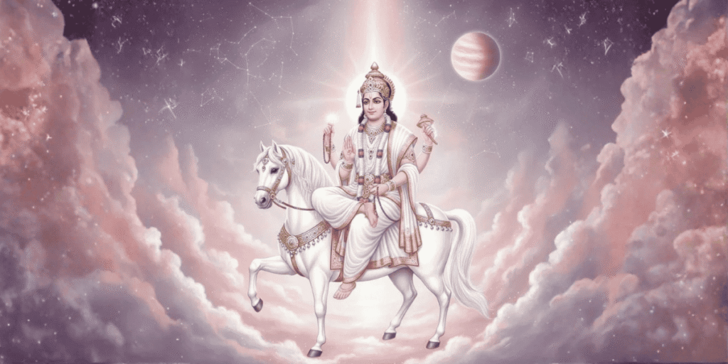 Shukra Dev ka Vahan white horse with divine aura in pink sky and glowing planet background