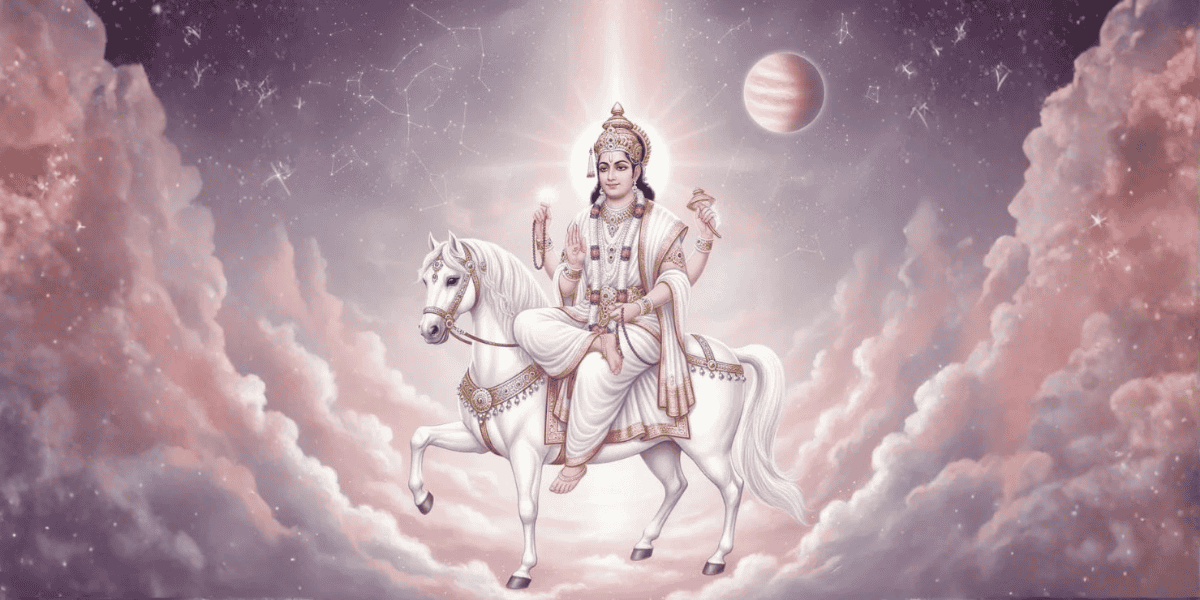 Shukra Dev ka Vahan white horse with divine aura in pink sky and glowing planet background