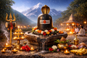 Mahashivratri 2026 celebration with Shiva Lingam cobra on top flowers oil lamps and devotees in night prayer