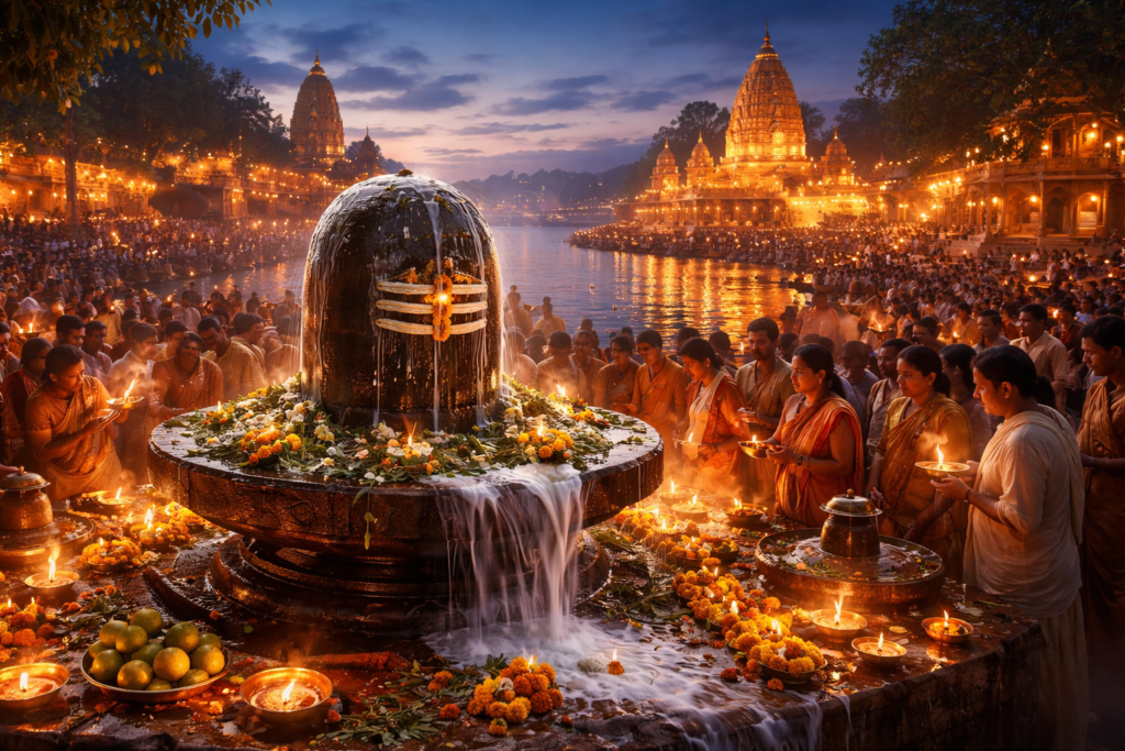 Devotees performing Shivling abhishek with lamps and flowers during Mahashivratri 2026 at a grand Shiva temple in the evening