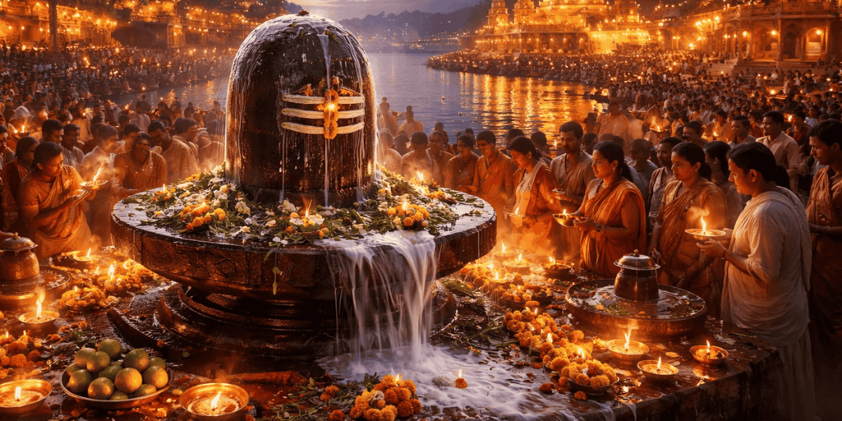 Devotees performing Shivling abhishek with lamps and flowers during Mahashivratri 2026 at a grand Shiva temple in the evening
