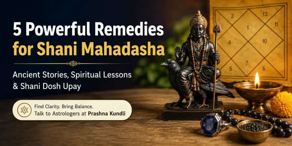 5 powerful Shani Mahadasha remedies featuring Shani Dev, Neelam gemstone, mantra, and Vedic astrology guidance