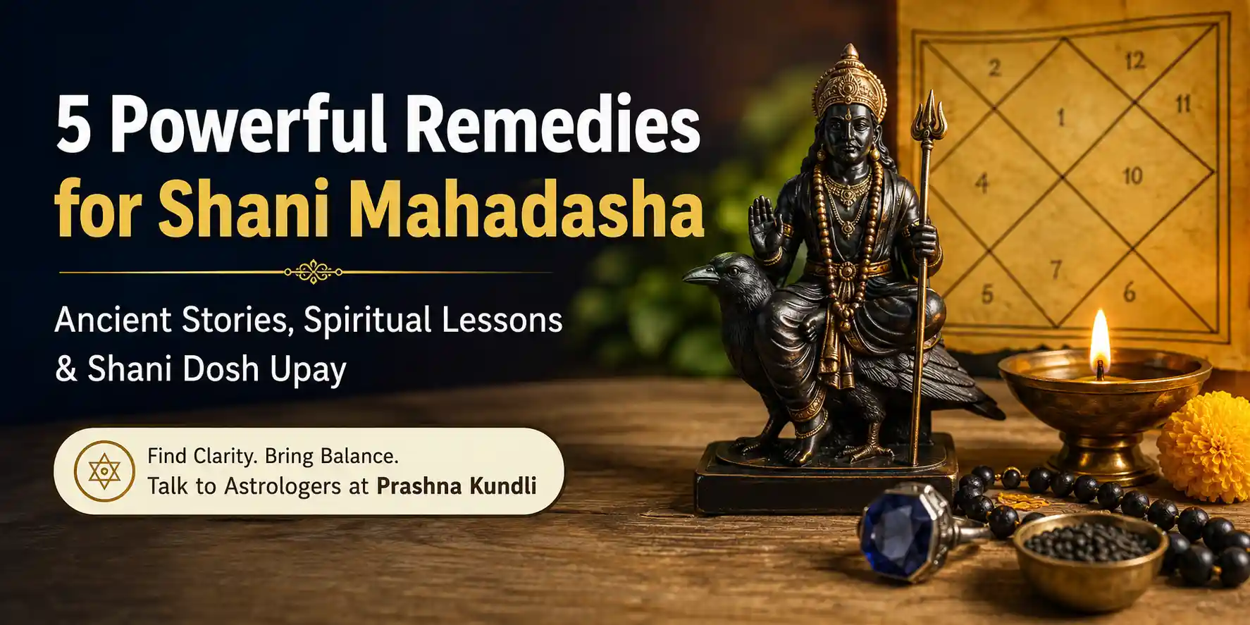 5 powerful Shani Mahadasha remedies featuring Shani Dev, Neelam gemstone, mantra, and Vedic astrology guidance