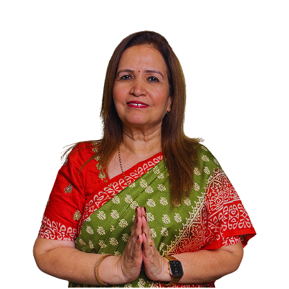 Indian woman in traditional saree greeting with folded hands in namaste gesture against a white background.