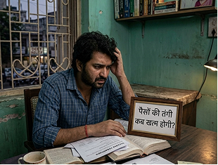 Worried man sitting at a desk reading a note that says पैसों की तंगी कब खत्म होगी with books and papers