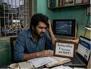 Man sitting at a desk looking worried beside a sign reading बिजनेसकरियर में Success कब मिलेगी seeking advice from a Vedic astrologer in India