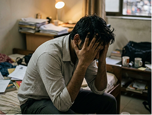 Depressed man sitting with head in hands seeking guidance from best astrologer in Indore for depression problems