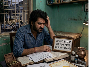 Man sitting at a desk looking worried beside a sign reading स्वास्थ्य समस्या कब ठीक होगी with books and remedies nearby