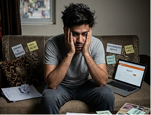 Worried man thinking about life problems and seeking guidance from a Vedic astrologer