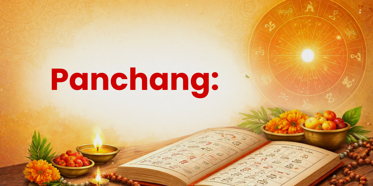 Panchang illustration with Hindu calendar book, diya, flowers, and zodiac wheel showing importance of Panchang and its elements