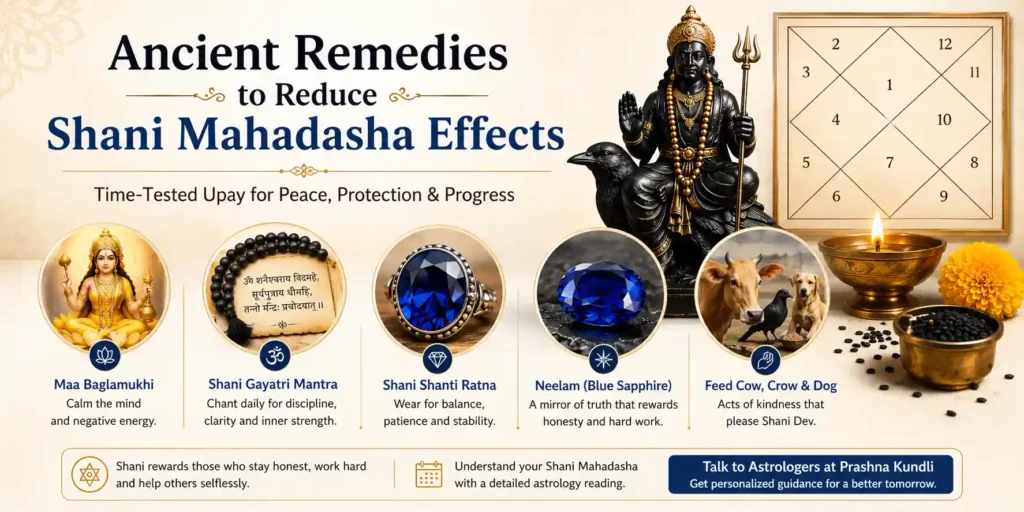 Shani Mahadasha remedies including Shani Gayatri Mantra, Neelam, Maa Baglamukhi, and Vedic astrology upay