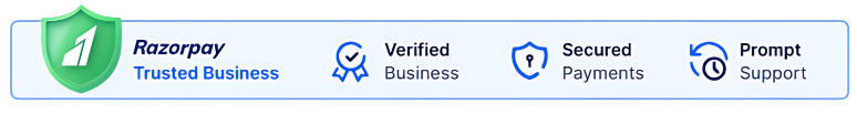 Razorpay trusted business badge with icons for verified business, secure payments, support.