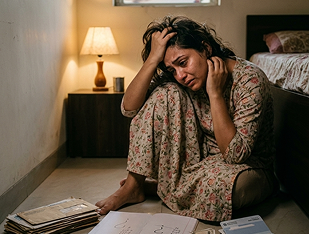 Stressed woman sitting on floor with papers, holding head in worry or distress