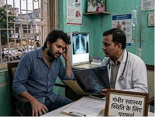 Doctor consulting worried patient and showing X-ray in clinic during medical checkup