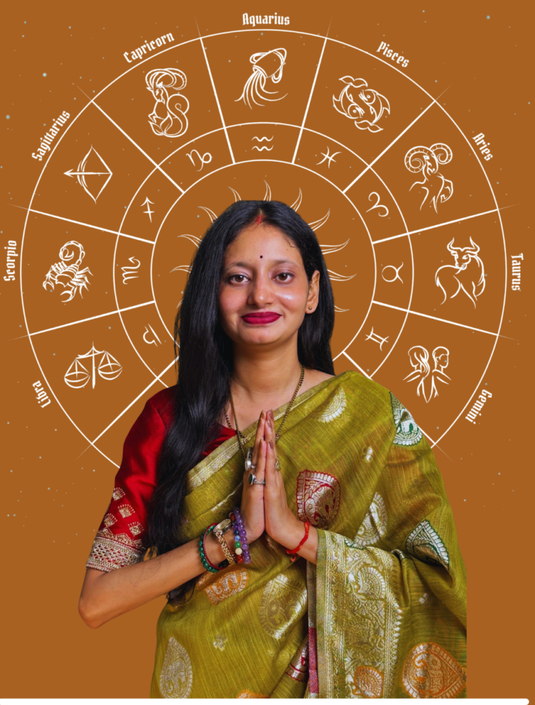 Female astrologer with zodiac wheel background offering astrology consultation services