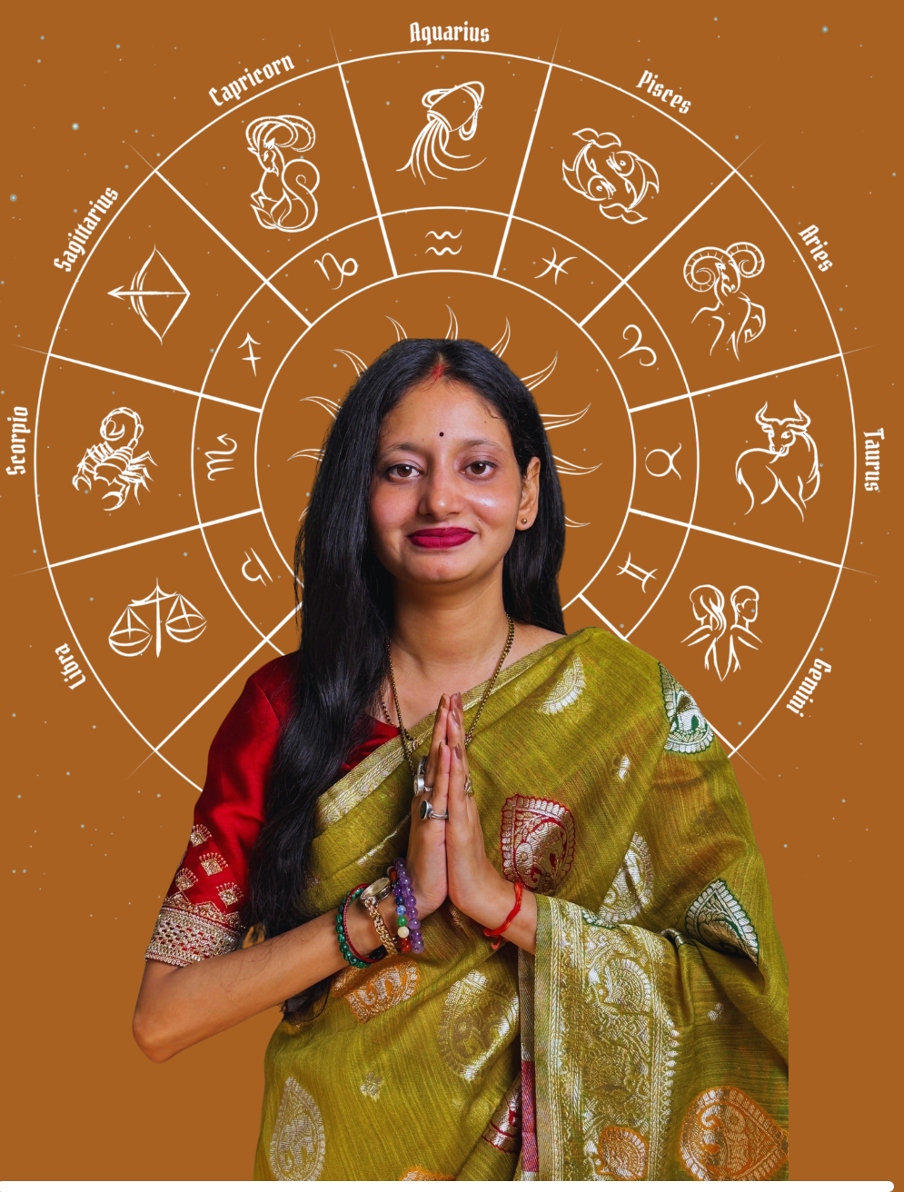 Female astrologer with zodiac wheel background offering astrology consultation services