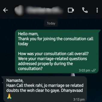 WhatsApp chat screenshot showing a green message thanking for joining the consultation call and asking if marriage-related questions were addressed, timestamp 3:03 PM. It’s followed by a dark bubble reply in Tamil: 'Namaste, Haan Call thek ra hi, jo marriage related doubts the woh clear ho gaye. Dhanyavaad' with a prayer emoji, timestamp 3:13 PM.