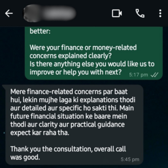 WhatsApp-style chat screenshot: a green message asking if finances were explained clearly, followed by a grey message thanking for the consultation and saying the overall call was good (in bilingual text).