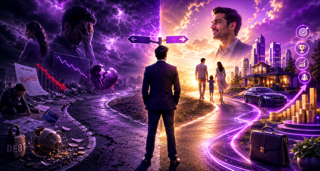 Man in a suit stands at a glowing crossroads, left showing ruin and debt, right a hopeful family future.