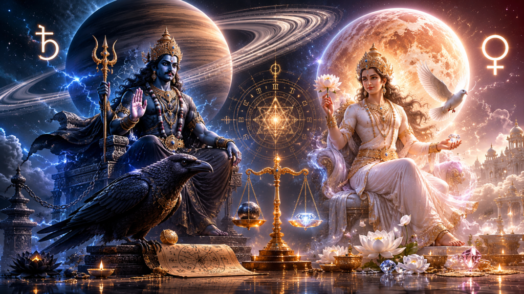Shiva and Parvati sit on ornate thrones in a cosmic scene with a glowing balance scale, a raven, lotus flowers, and celestial orbs in the background.